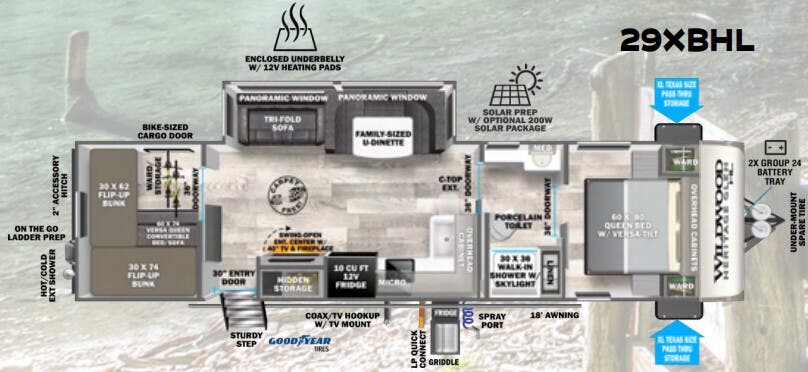 View 2024 Forest River Wildwood Heritage Glen Hyper-Lyte 29XBHL complete specs and manufacturer brochures