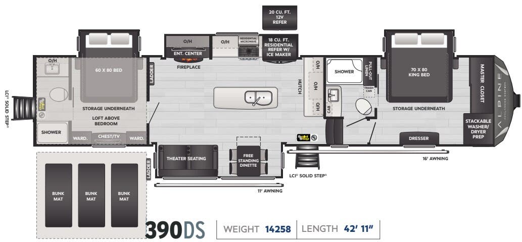 View 2024 Keystone Alpine Avalanche Edition 390DS complete specs and manufacturer brochures