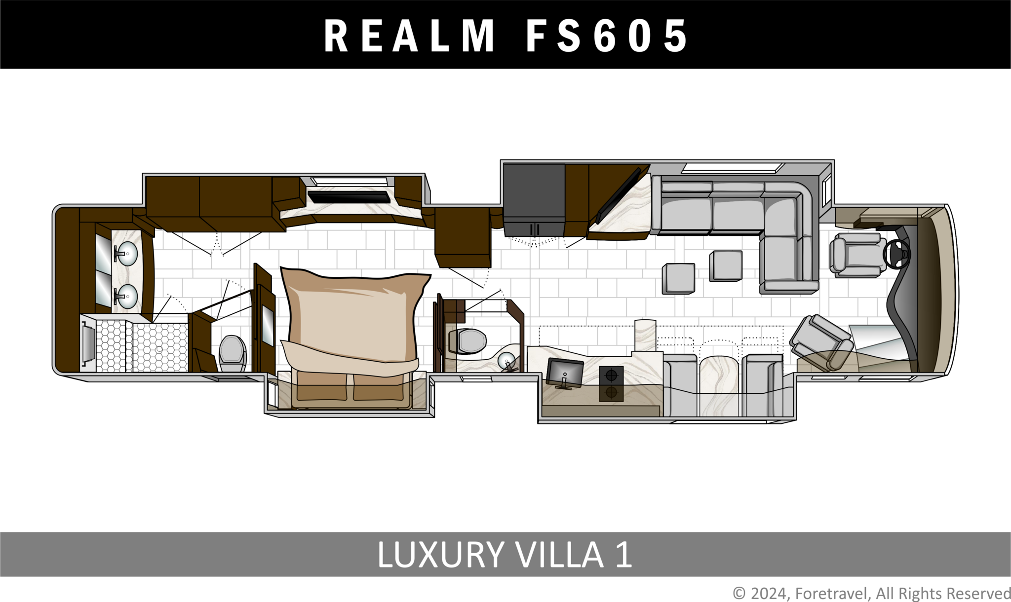 View 2025 Foretravel Realm FS605 LV1 complete specs and manufacturer brochures