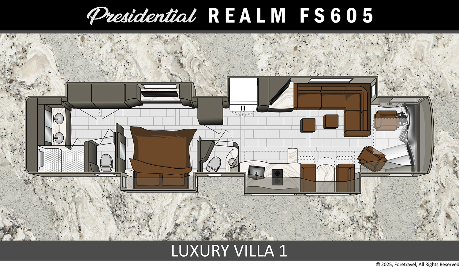 View 2025 Foretravel Realm Presidential LV1 complete specs and manufacturer brochures