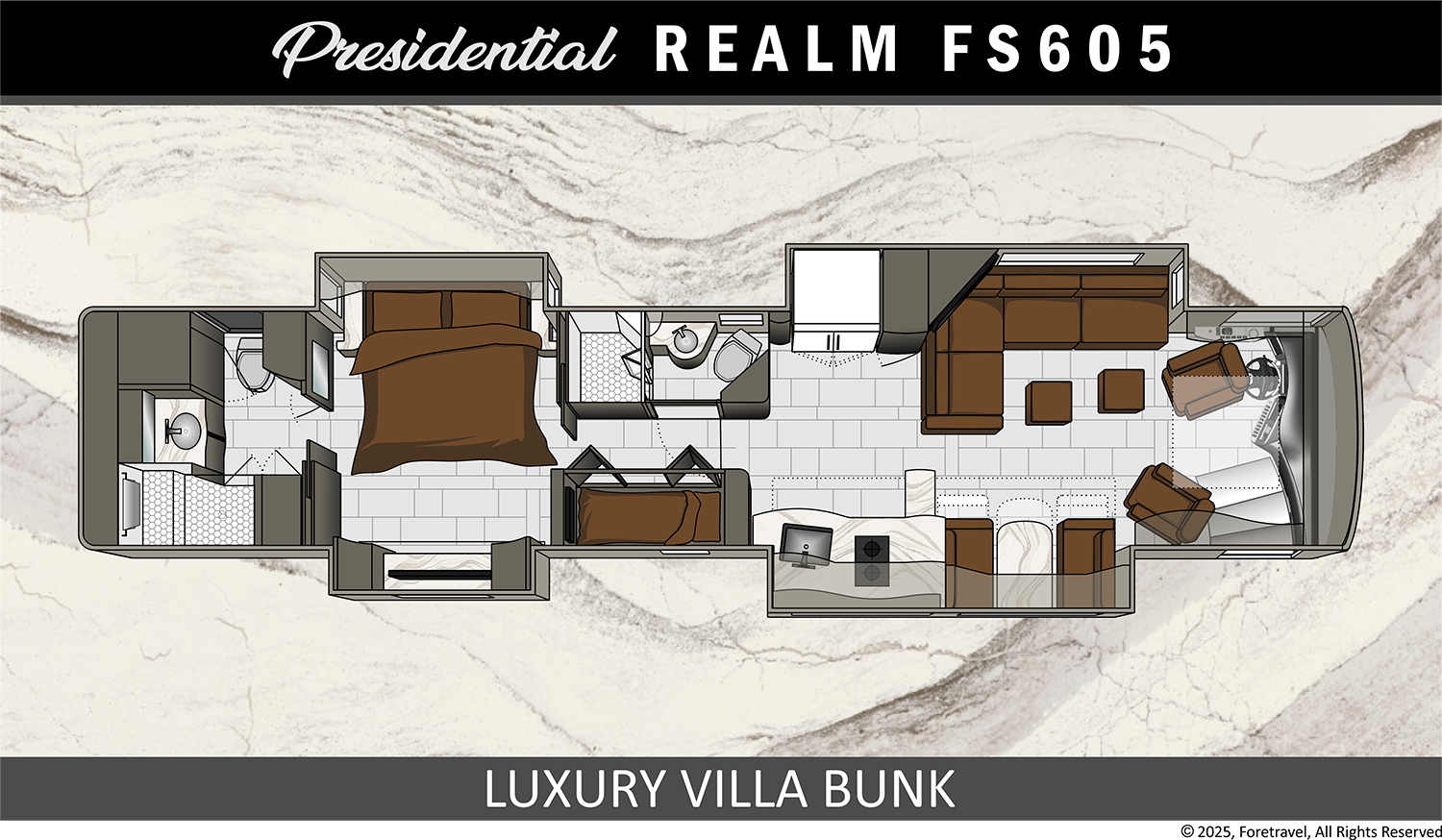 View 2025 Foretravel Realm Presidential LVB complete specs and manufacturer brochures