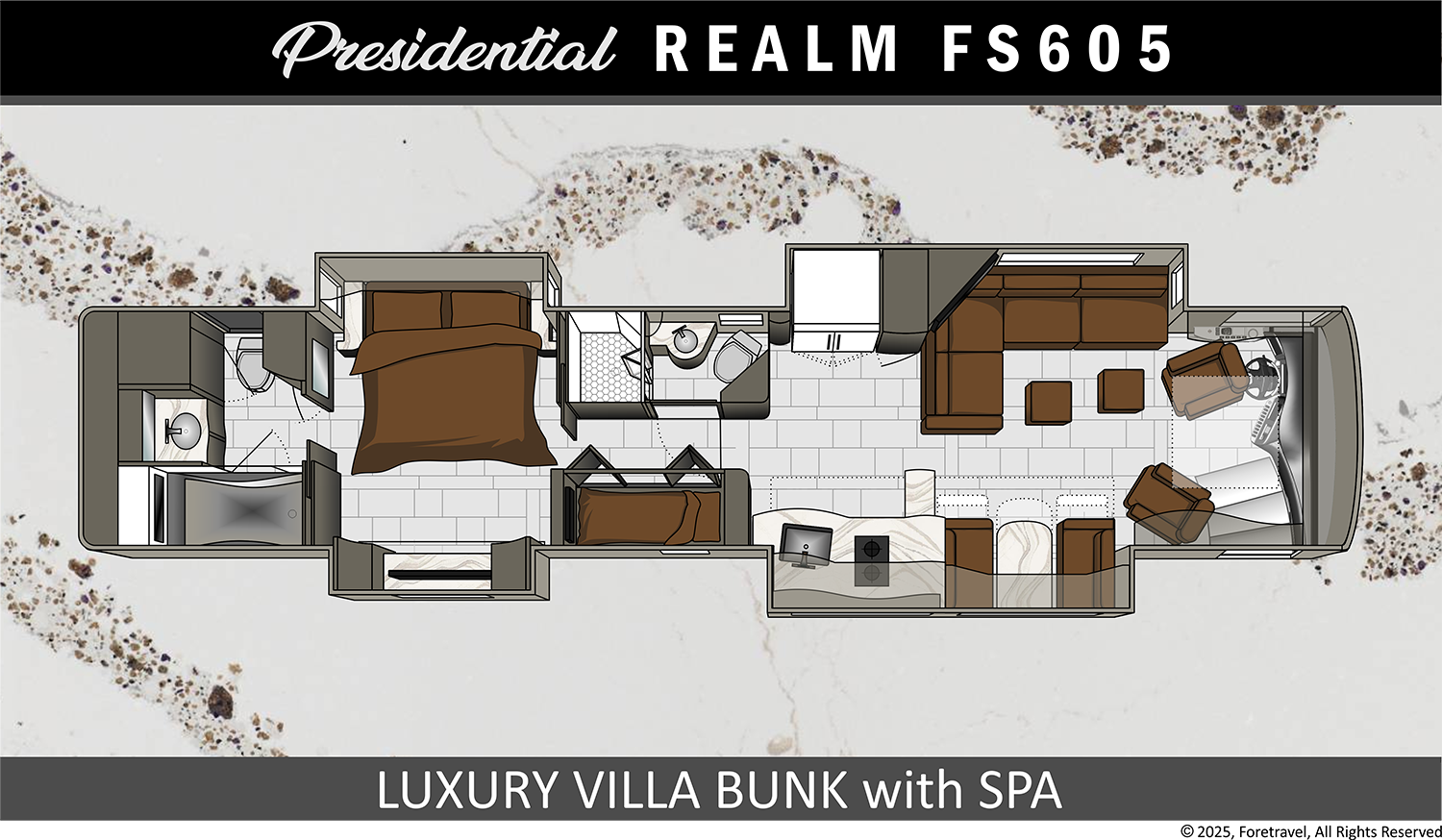 View 2025 Foretravel Realm Presidential LVB with Spa complete specs and manufacturer brochures