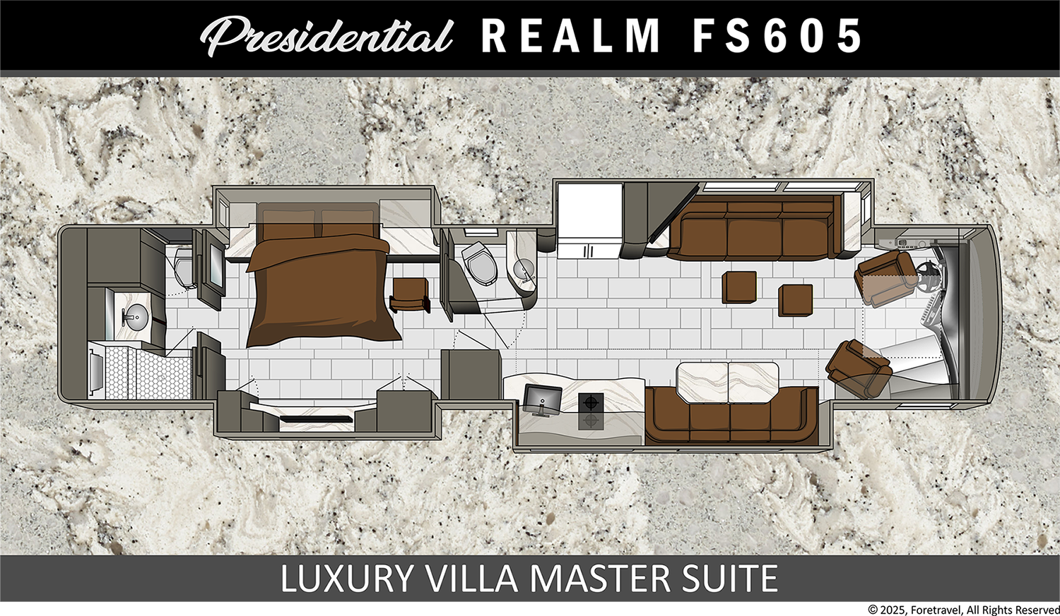View 2025 Foretravel Realm Presidential LVMS complete specs and manufacturer brochures