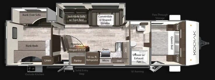 View 2026 Dutchmen Kodiak 332BHSL complete specs and manufacturer brochures
