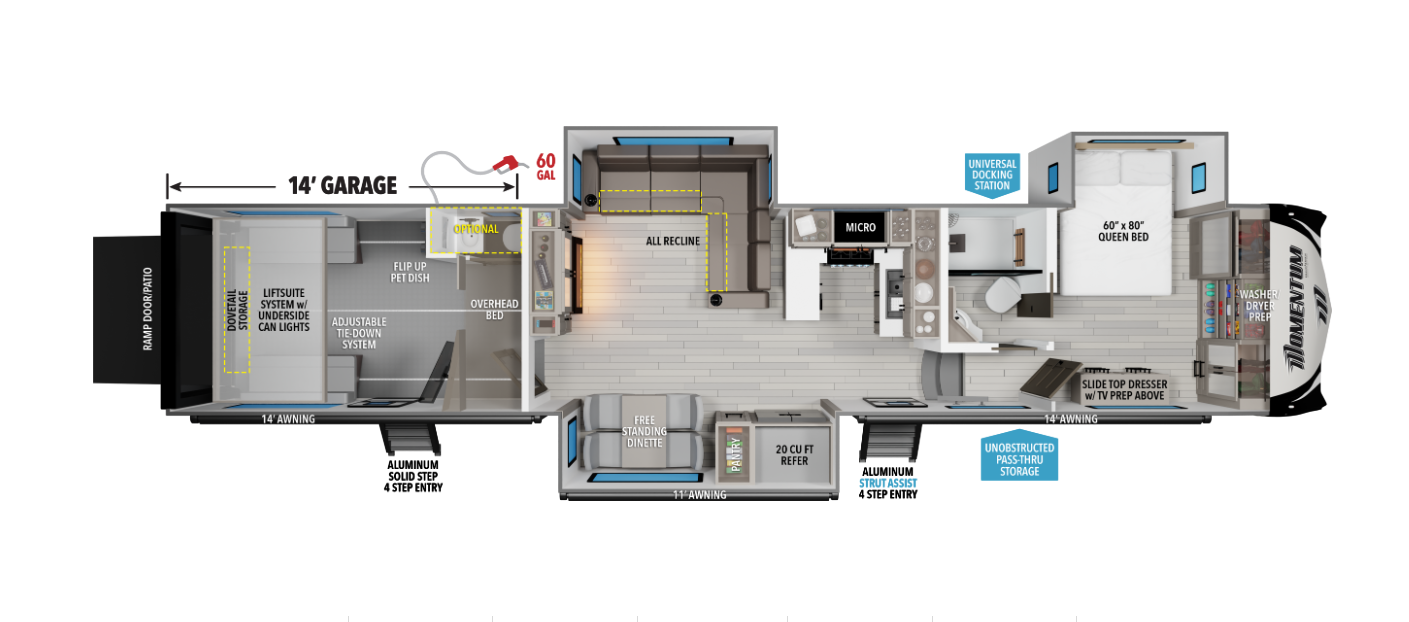 View 2026 Grand Design Momentum M-Class 414M complete specs and manufacturer brochures
